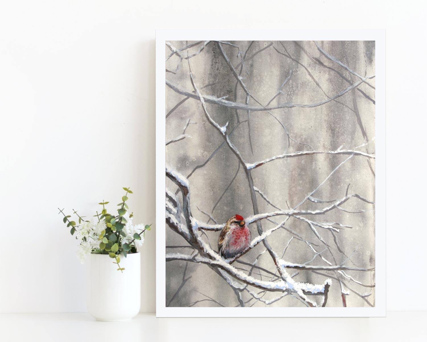 Soothing wall art print of a single songbird in a winter forest painting by wildlife artist Karen Whitworth