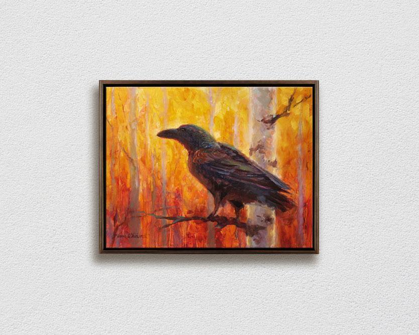 Framed Painting of autumn raven and fall forest wall art canvas