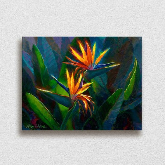 Hawaiian Flower Painting with tropical bird of paradise canvas art by Hawaii artist Karen Whitworth