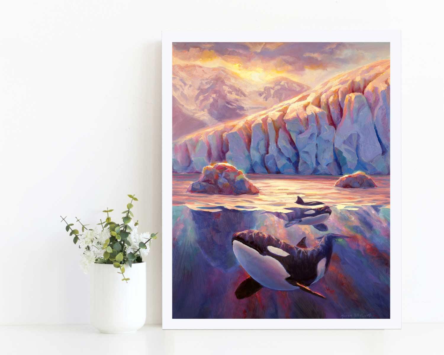 Paper wall art print of Orca whales and Alaskan glacier landscape painting by artist Karen Whitworth