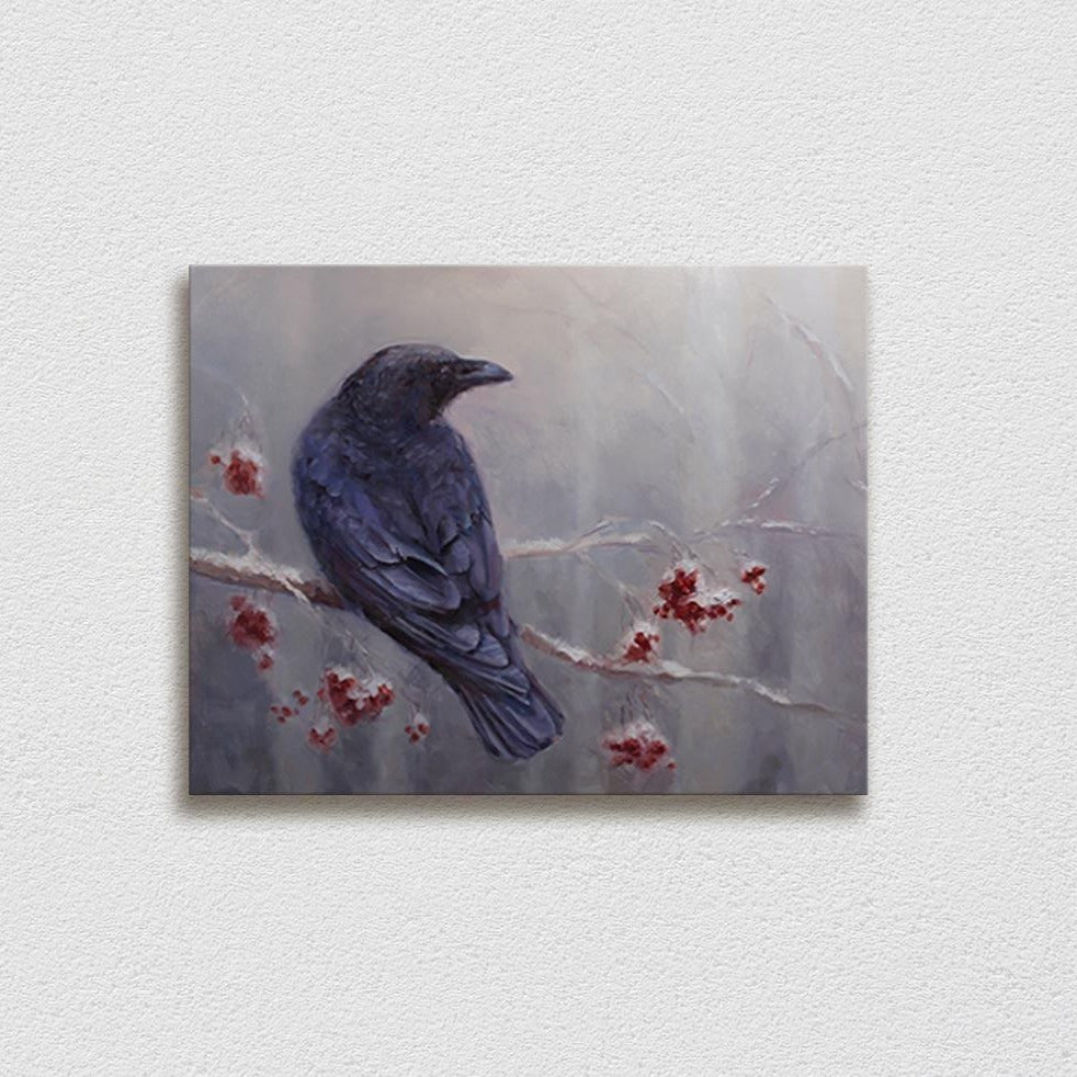 Raven wall art canvas of a bird in a winter forest.