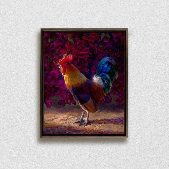 Framed Kauai chickens rooster painting on canvas by Hawaii artist Karen Whitworth