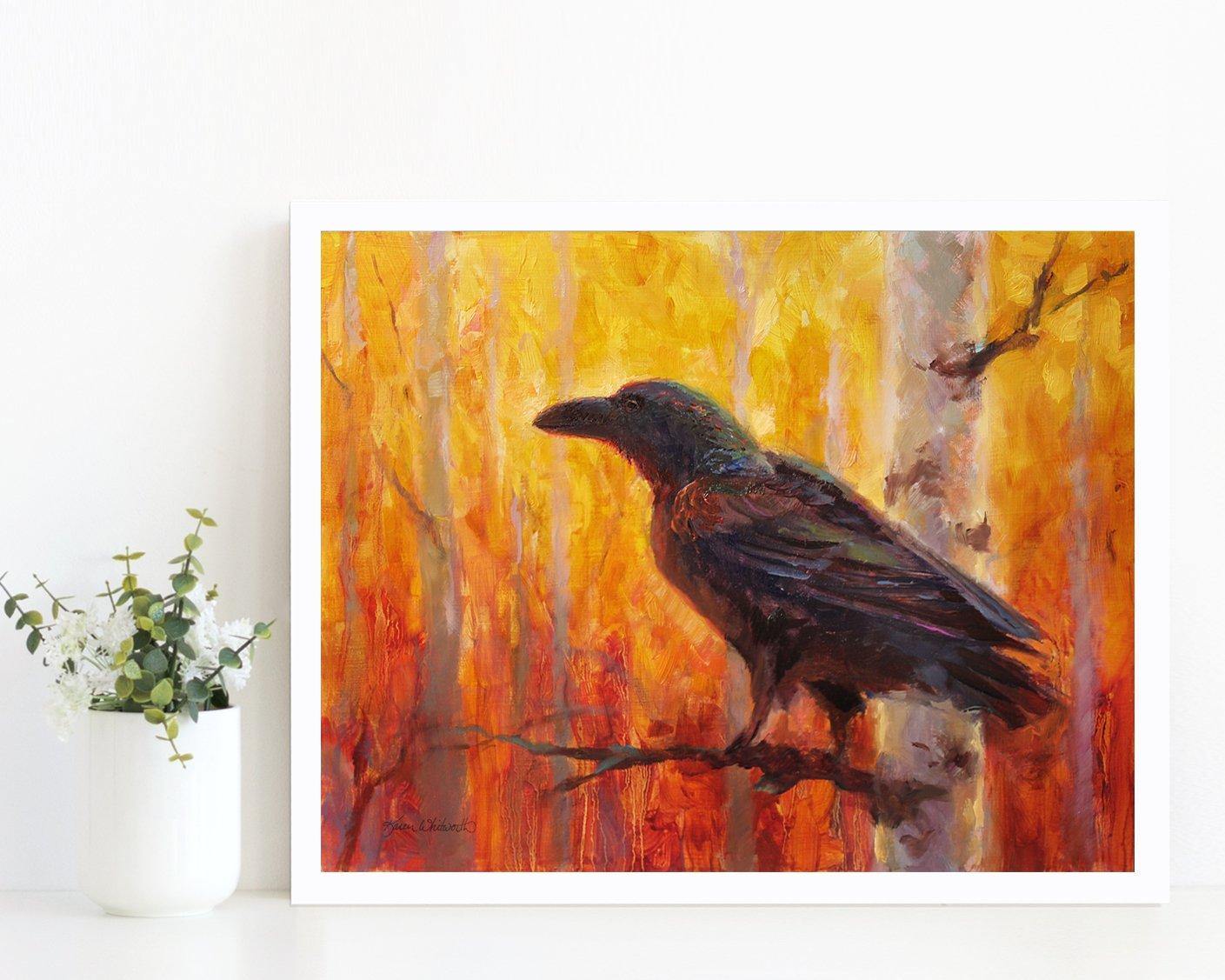 11x14 Autumn Raven Art Print of bird in forest by Alaska Artist Karen Whitworth 