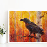 11x14 Autumn Raven Art Print of bird in forest by Alaska Artist Karen Whitworth 