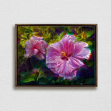 Framed Hawaiian flower painting on canvas of pink hibiscus flowers by Hawaii artist Karen Whitworth