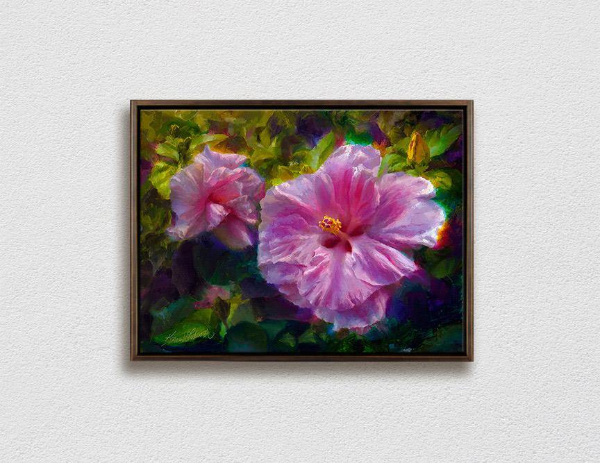 Framed Hawaiian flower painting on canvas of pink hibiscus flowers by Hawaii artist Karen Whitworth