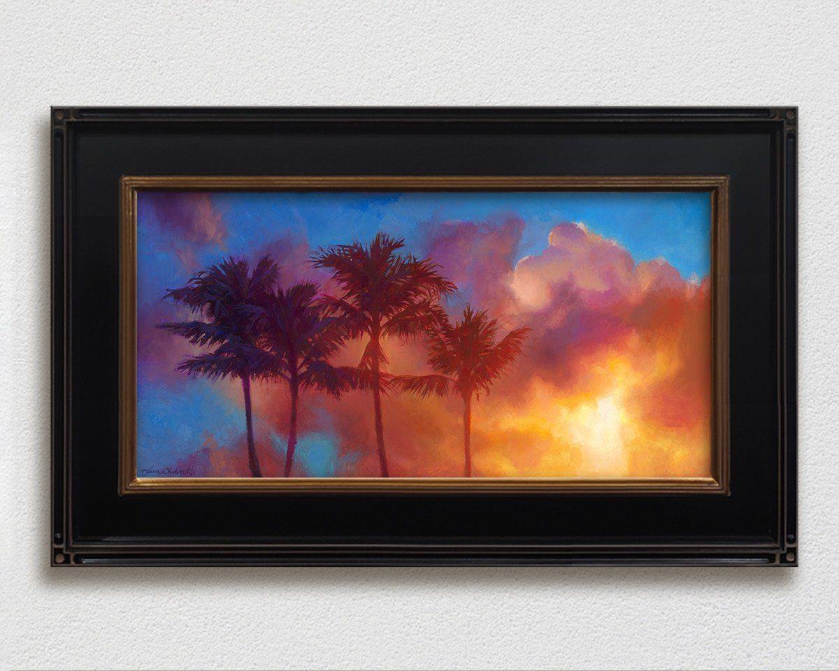 Tropical art canvas of Hawaiian sunset palm tree painting by Hawaii artist Karen Whitworth