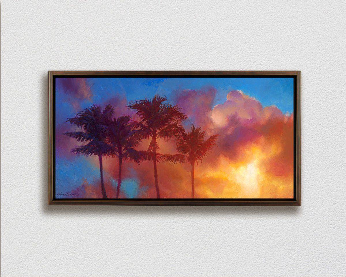 Tropical art canvas of Hawaiian sunset palm tree painting by Hawaii artist Karen Whitworth
