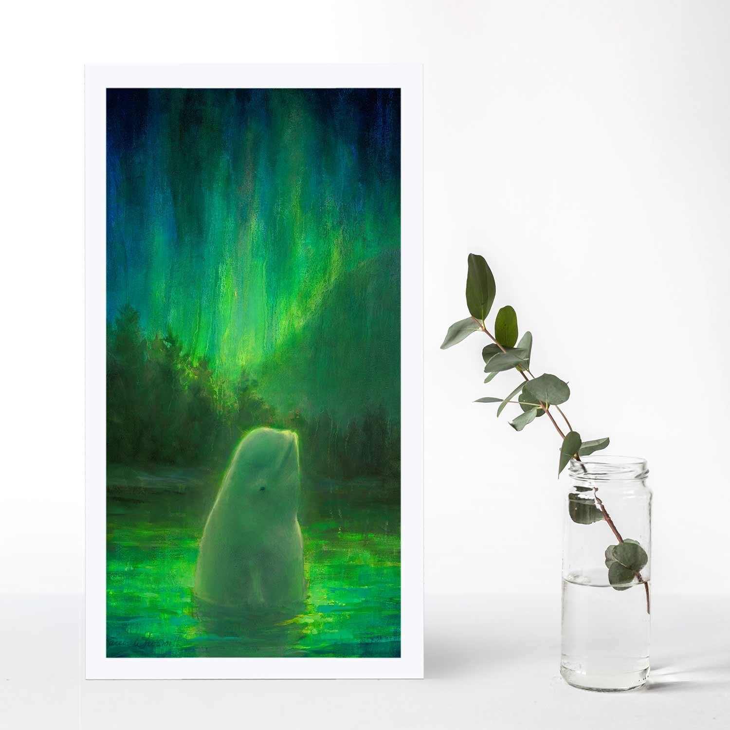 Beluga Art Print with Aurora Borealis and Northern lights