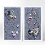 Chickadee bird wall art print set with winter snow and berries