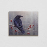 Raven wall art canvas of a bird in a winter forest.