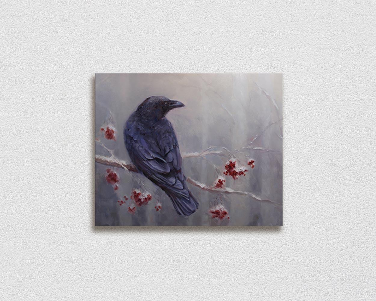 Raven wall art canvas of a bird in a winter forest.
