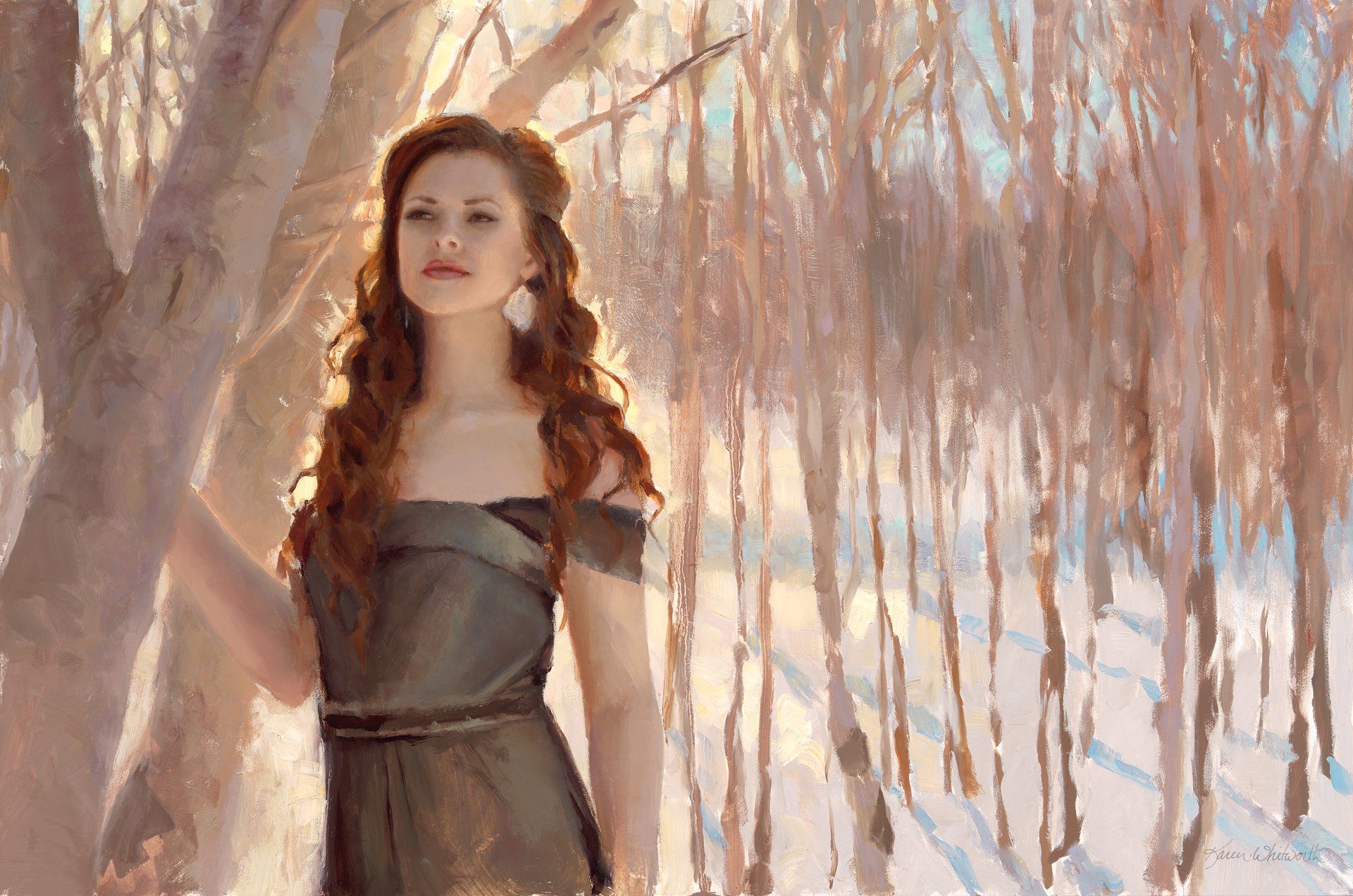 Portrait Painting of Woman in a snowy winter forest. Figure in the Landscape oil painting by Karen Whitworth