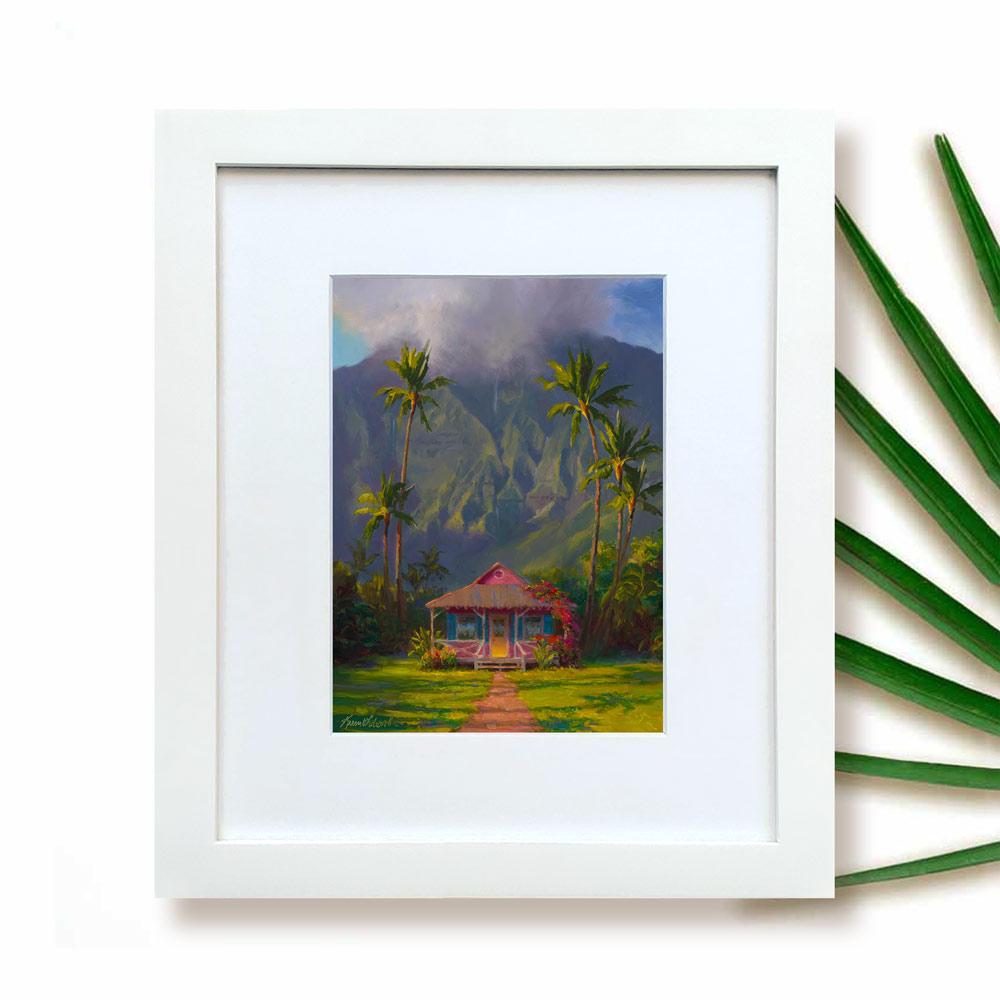 Framed Hawaii Art Print of Hanalei on the Island of Kauai in a White Picture Mat and a White Frame