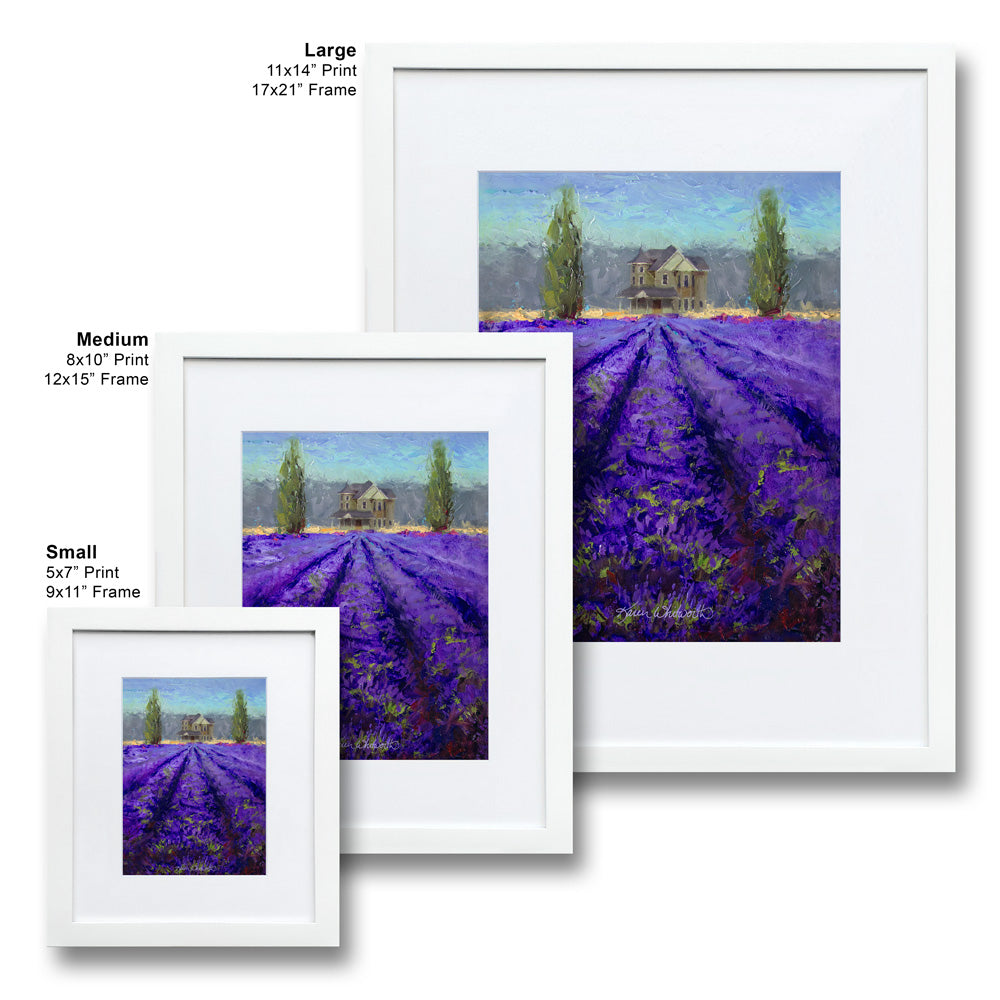 Farmhouse wall art of lavender fields landscape painting. The artwork is framed in a white wood frame and picture mat on a white wall in small, medium, in large sizes.