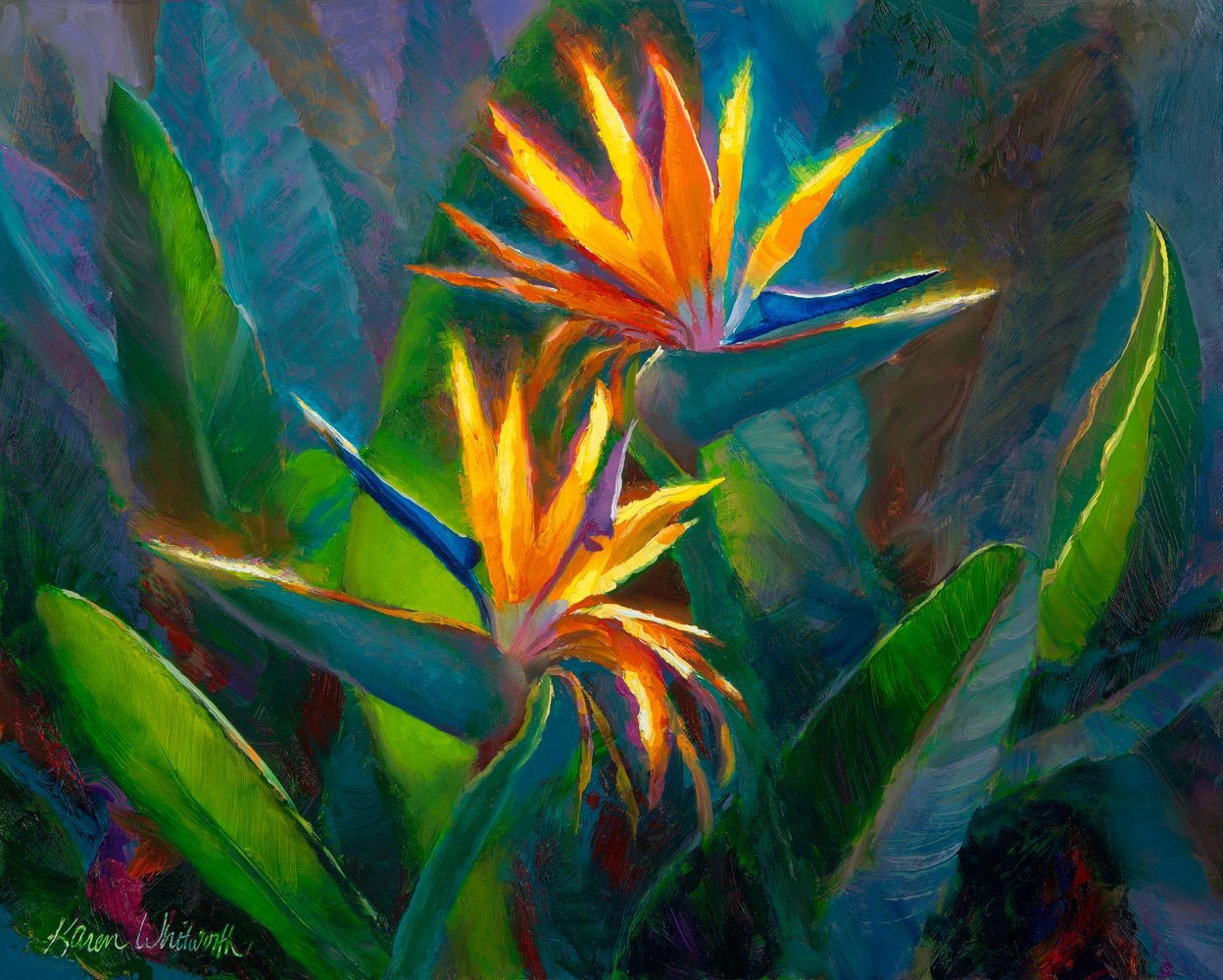 Colorful bird of paradise wall art painting of 2 bird of paradise flowers against a green and blue leaf background. 