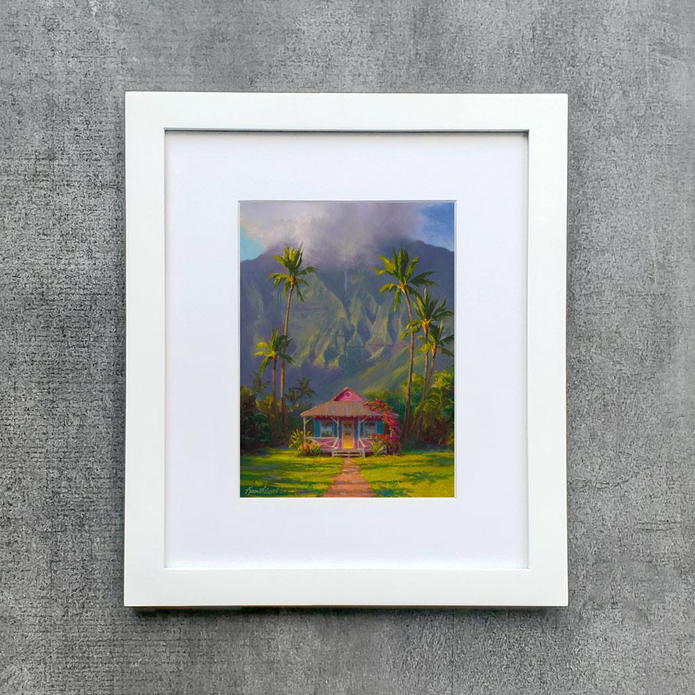 Framed Hawaii Art Print of Hanalei on the Island of Kauai in a White Picture Mat and a White Frame