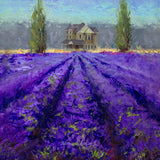 Lavender fields wall art depicting rows of blooming lavender. In the distance beyond the purple flower field is an old antique Victorian farmhouse.