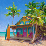Surf wall art print of beach shack with surf boards, palm trees, and a beach cruiser bike on the beach and the turquoise water beyond.