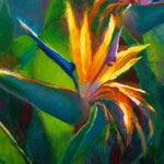 Crop of bird of paradise wall art painting depicting one orange tropical flower