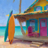 Tropical surf painting with surf boards leaning on the porch of a beach house with turquoise water in the background.