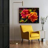 Wall art canvas of tropical Hawaiian hibiscus flowers by gallery artist Karen Whitworth on white wall over a yellow chair in living room