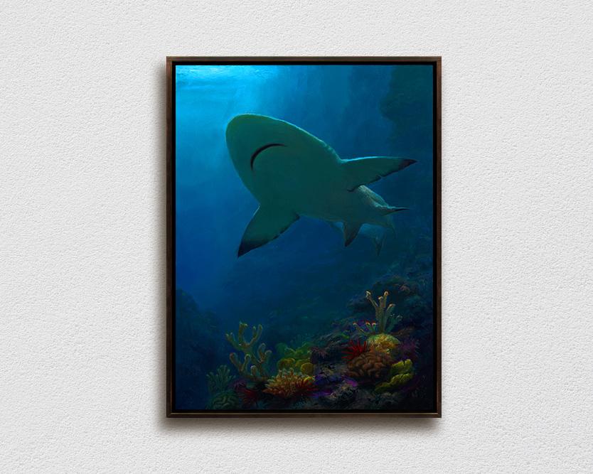 Framed underwater painting of Hawaiian shark canvas by ocean artist Karen Whitworth