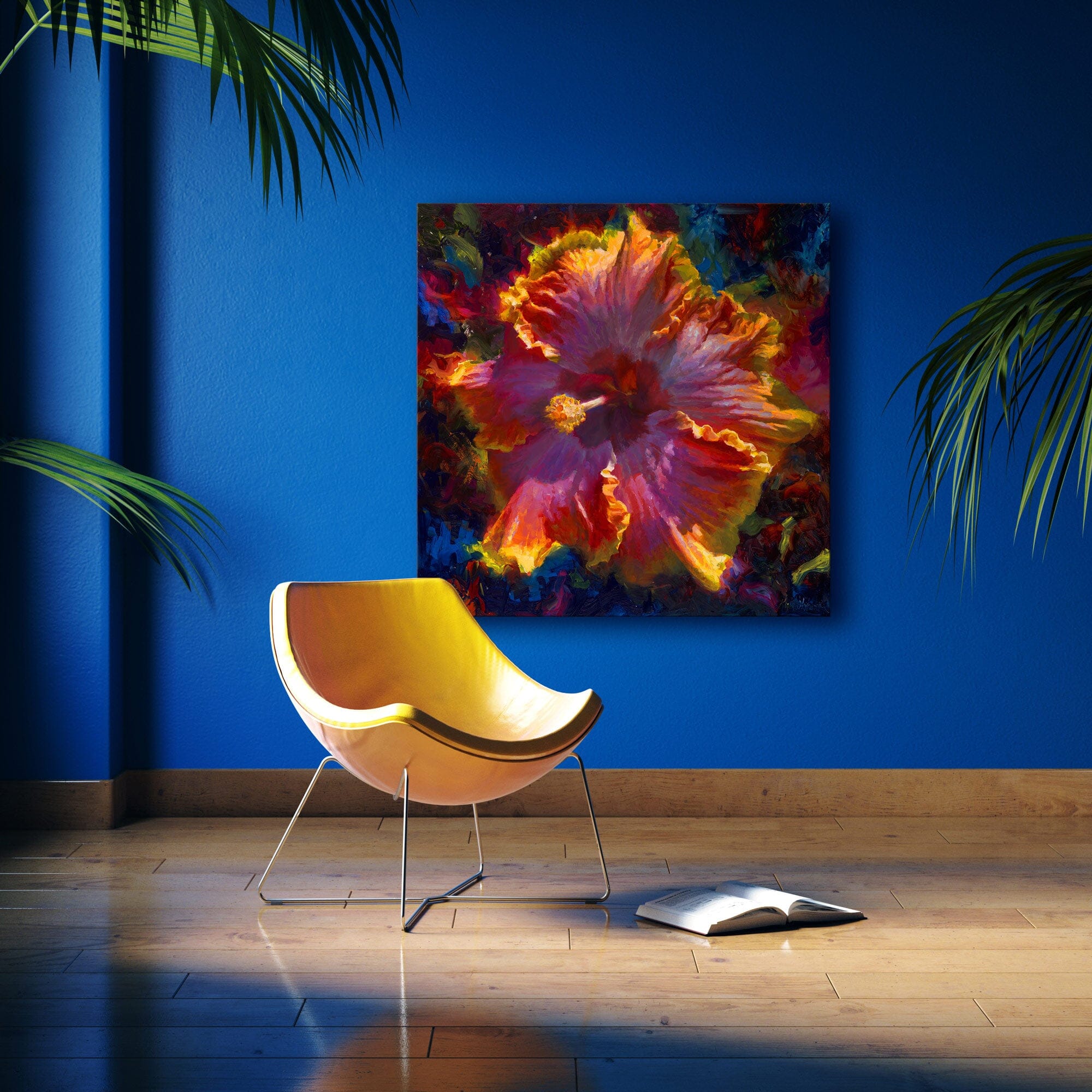 Large Hawaii flower wall art on blue wall. The art depicts a tropical hibiscus flower in rainbow colors on a square canvas. A yellow chair sits in front of the art with palm fronds framing the view.