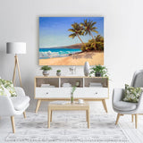 Tropical beach art palm tree painting wall art canvas in bright interior setting with tropical by Hawaii artist Karen Whitworth