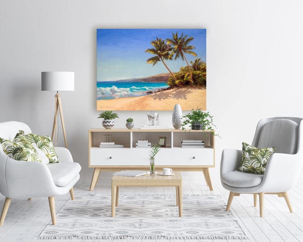 Tropical beach art palm tree painting wall art canvas in bright interior setting with tropical by Hawaii artist Karen Whitworth