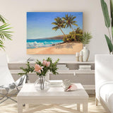 Tropical beach painting wall art canvas in bright interior setting with tropical decor by Hawaii artist Karen Whitworth