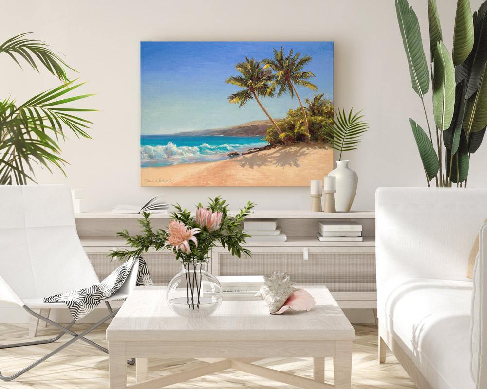 Tropical beach painting wall art canvas in bright interior setting with tropical decor by Hawaii artist Karen Whitworth