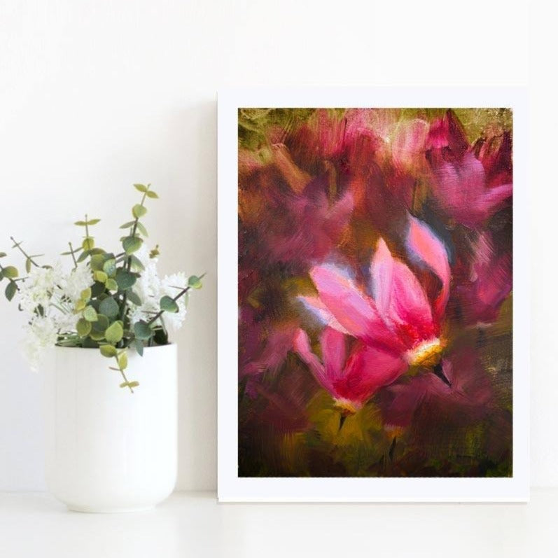 Vibrant wall art print of Shooting Star Wildflowers by floral artist Karen Whitworth