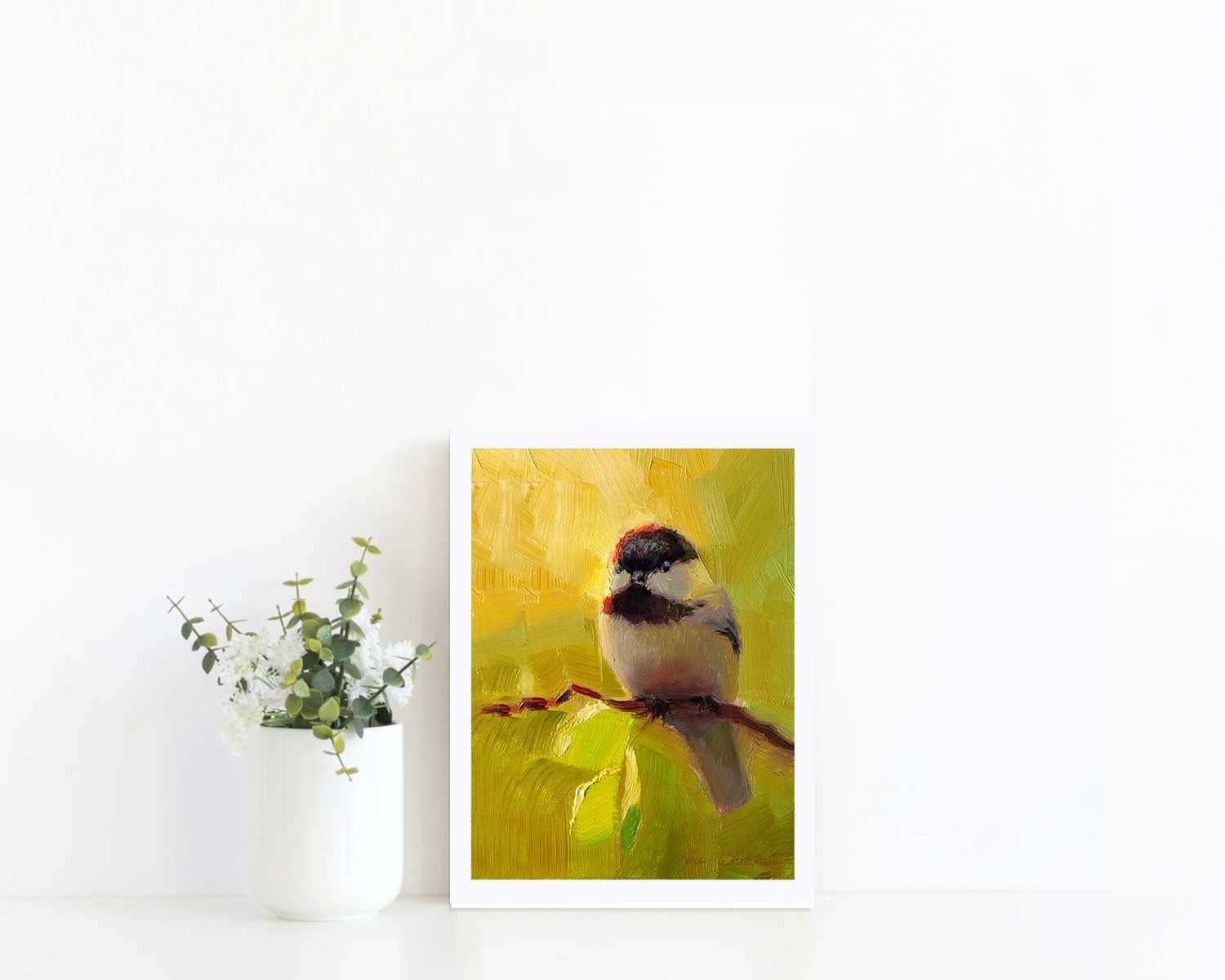 Bright painting of black capped chickadee bird by wildlife artist Karen Whitworth