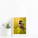 Bright painting of black capped chickadee bird by wildlife artist Karen Whitworth