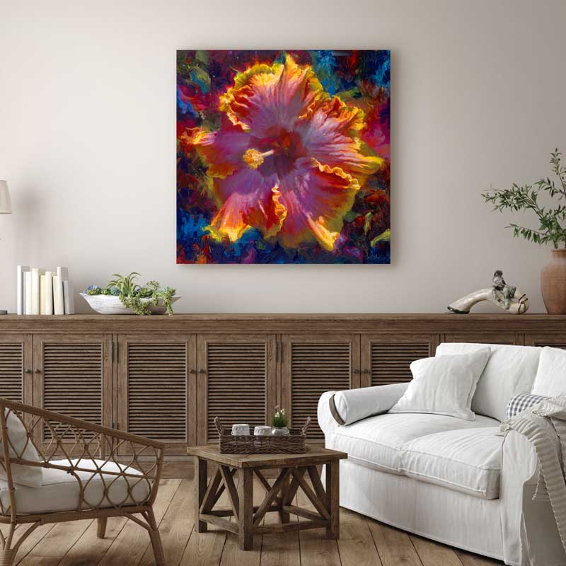 Hawaiian hibiscus painting on canvas by tropical flower artist Karen Whitworth
