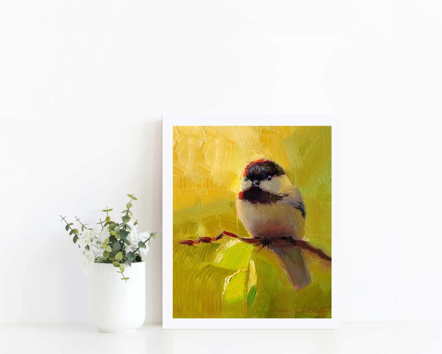 Bright painting of black capped chickadee bird by wildlife artist Karen Whitworth