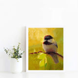 Bright painting of black capped chickadee bird by wildlife artist Karen Whitworth