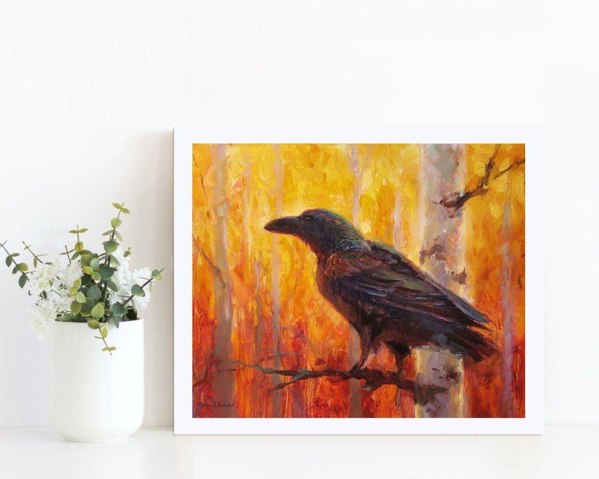 8x10 Autumn Raven Art Print of bird in forest by Alaska Artist Karen Whitworth 