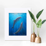 11x14 Matted Underwater dolphin wall art print of whales by ocean artist Karen Whitworth