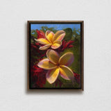 Framed wall art canvas of tropical Hawaiian Plumeria flowers painting by Hawaii artist Karen Whitworth on white wall