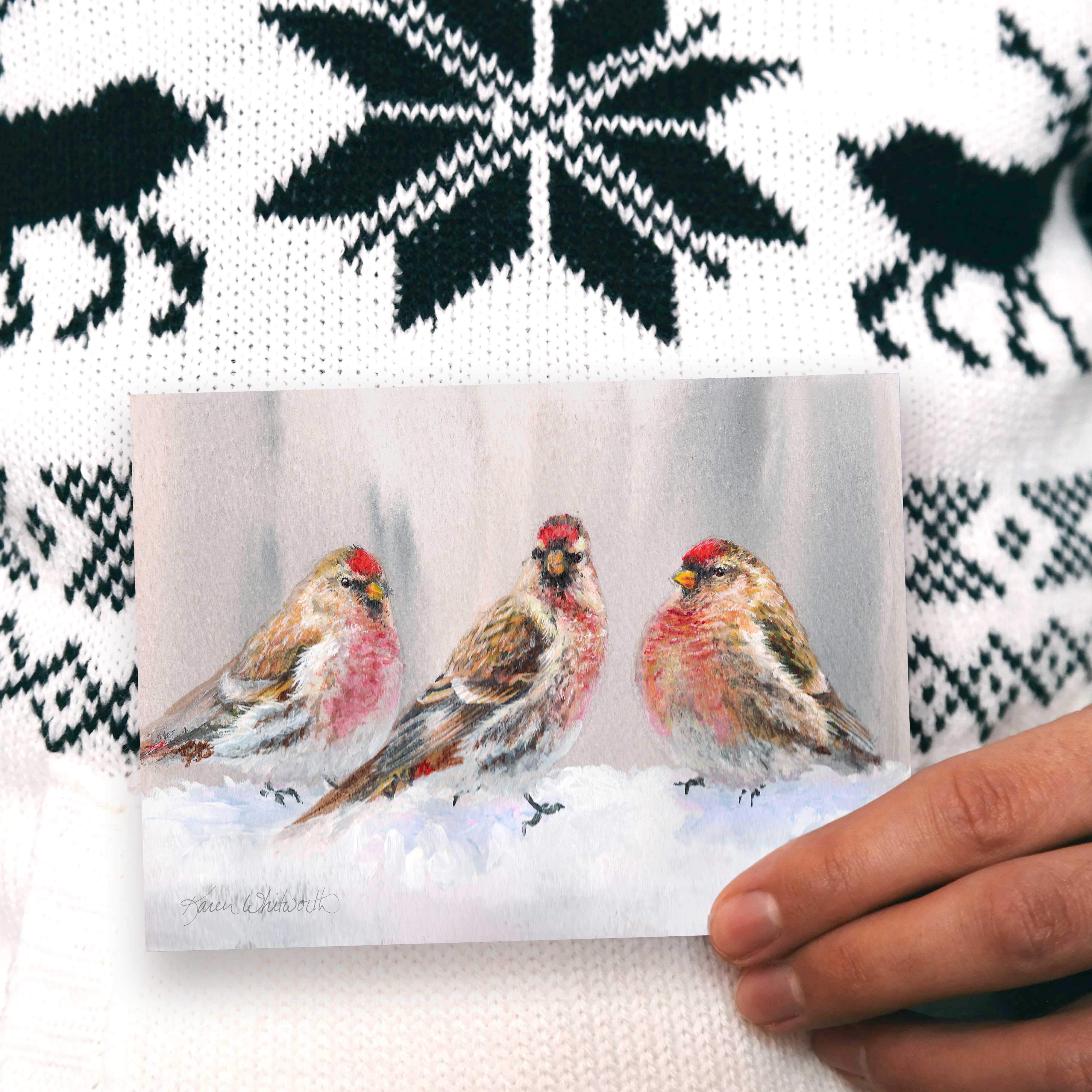Alaska Red Polls in Winter greeting card with birds and snow by Alaska artist Karen Whitworth
