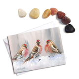 Alaska Red Polls in Winter greeting card with birds and snow by Alaska artist Karen Whitworth