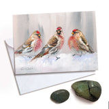 Alaska Red Polls in Winter greeting card with birds and snow by Alaska artist Karen Whitworth