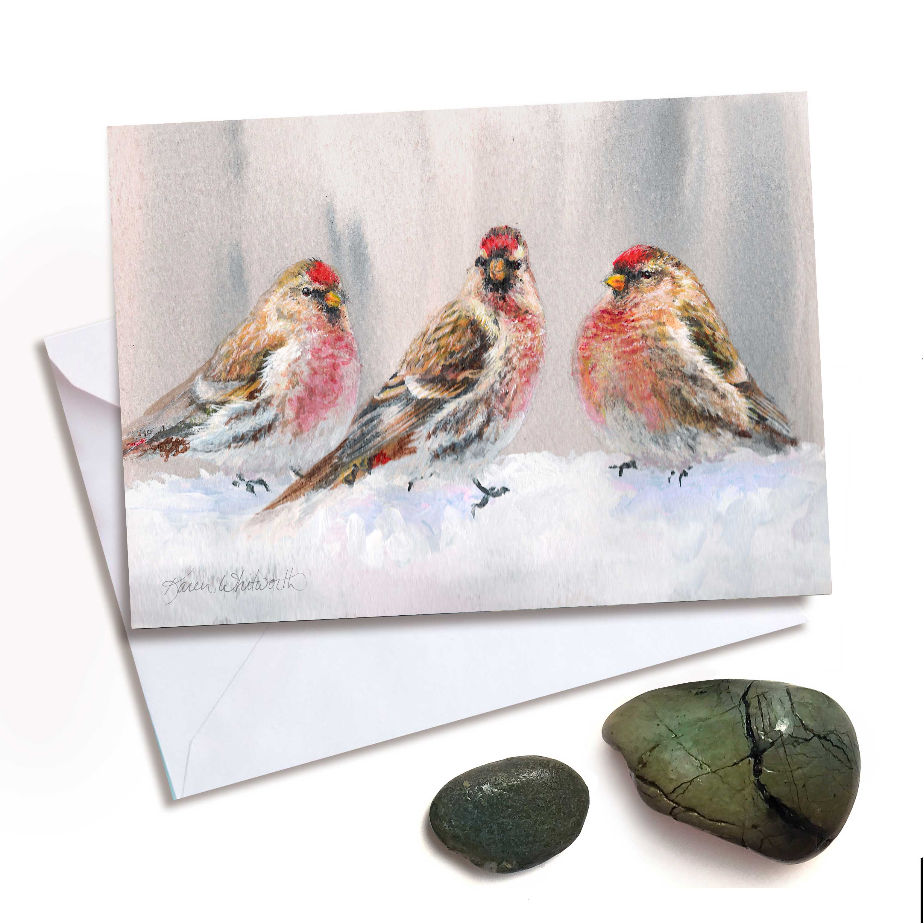 Alaska Red Polls in Winter greeting card with birds and snow by Alaska artist Karen Whitworth