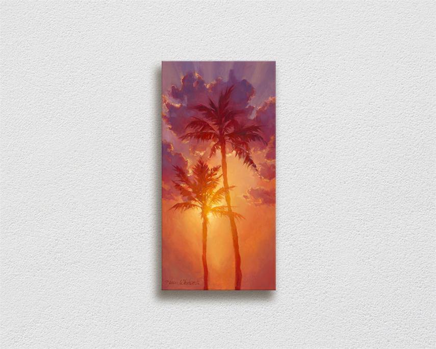 Tropical art canvas of Hawaiian sunset painting  palm tree wall art by Hawaii artist Karen Whitworth