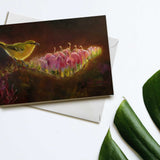 Hawaii note card featuring painting of Amakihi Bird and Koli'i Flower against a white background