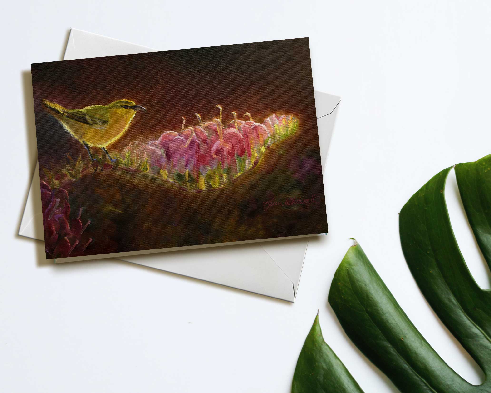 Hawaii note card featuring painting of Amakihi Bird and Koli'i Flower against a white background