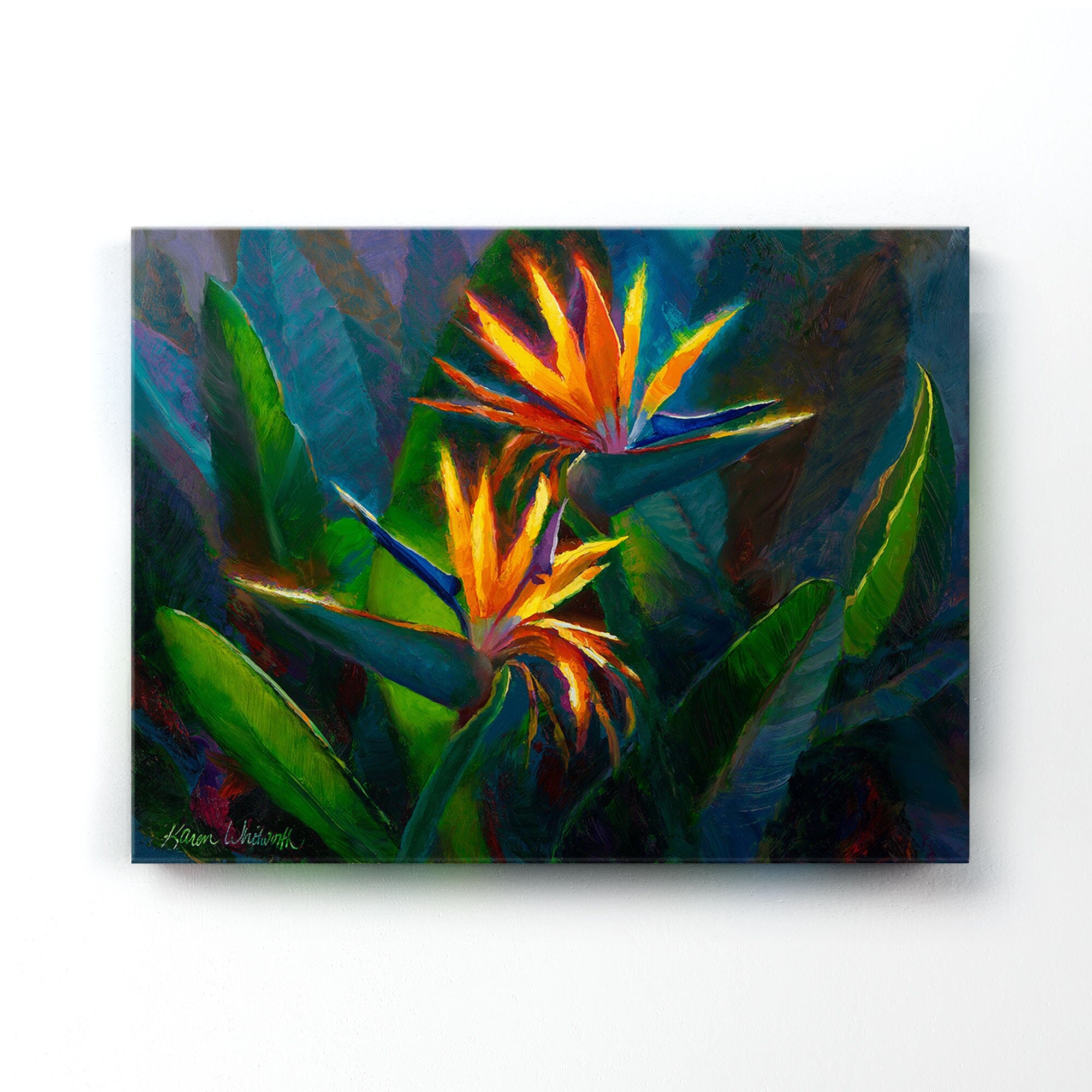 Hawaiian Flower Painting with tropical bird of paradise canvas art print by Hawaii artist Karen Whitworth. The artwork is unframed and hanging on a white wall. 
