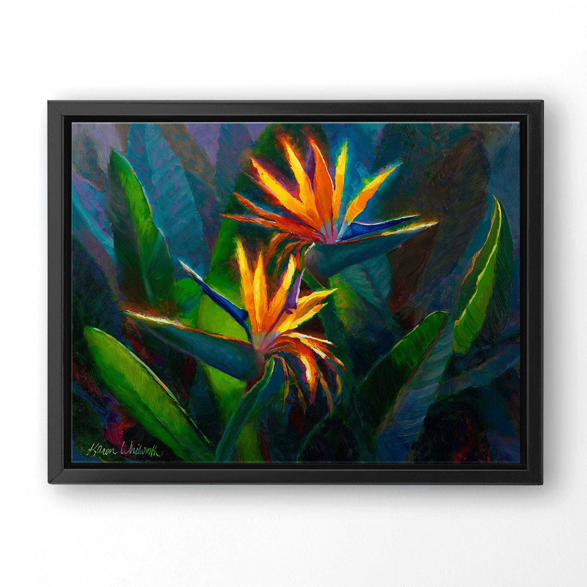Hawaiian Flower Painting with tropical bird of paradise canvas art print by Hawaii artist Karen Whitworth. The artwork is framed in a black float frame and hanging on a white wall. 